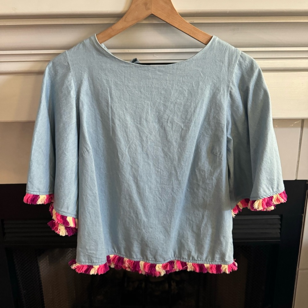 Buffalo David Bitton Blue Chambray Fringe Tie Back Top Size Small